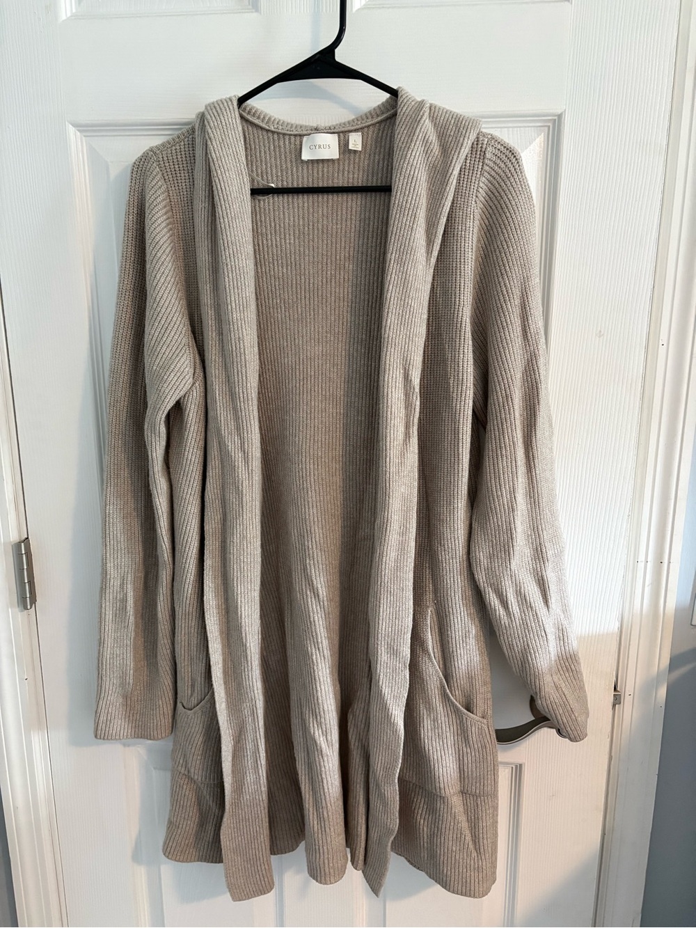 Cyrus Open-Front Hooded Cardigan in Light Taupe